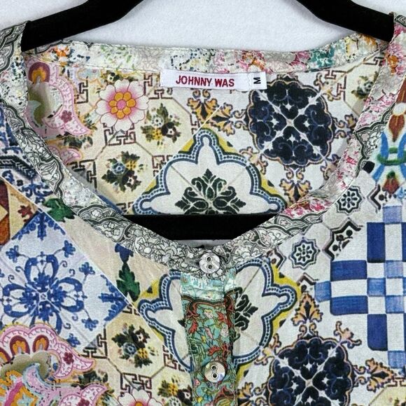 Johnny Was Signature Silk Colorful Abstract Patchwork Jessner Tunic Blouse Top M - Picture 3 of 15